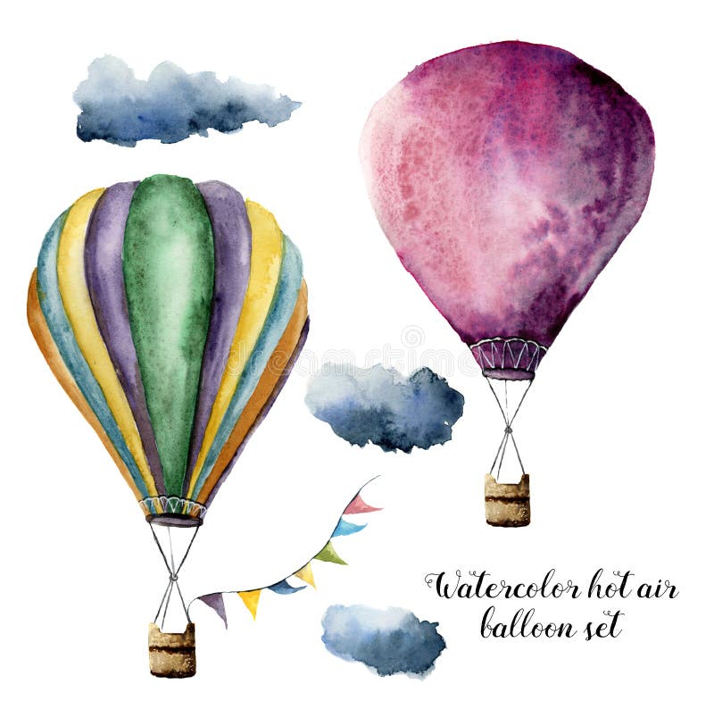 水彩热空气设计的气球集合 有旗子诗歌选和云